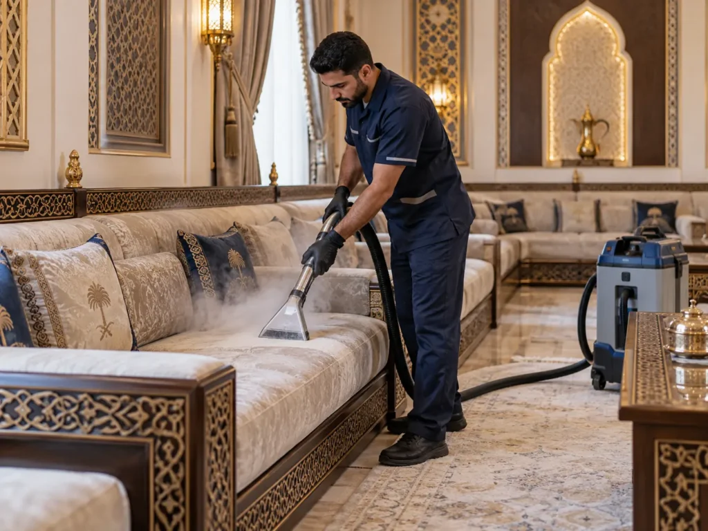 شركة تنظيف مجالس في ابوظبي تقدم خدمات تنظيف احترافية للمجالس والكنب والمفروشات مع إزالة البقع والأتربة.